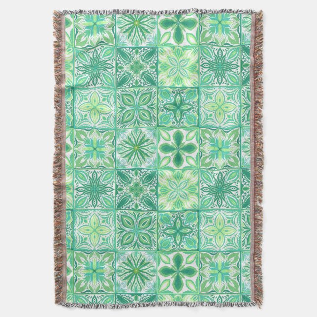 Cobertor azulejos ornamentados em verde e branco (Frente Vertical)