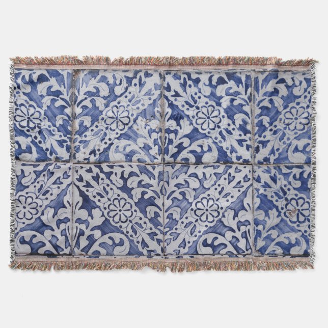 Cobertor Azulejos Portugueses - Azulejo Azul e Branco Flora (Frente)