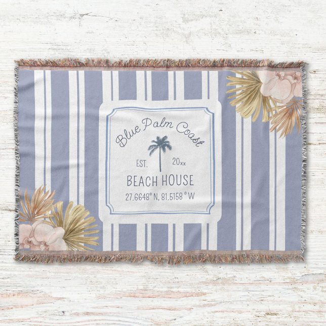 Cobertor Beach House Blue Stripes Coastal Boho Farmhouse (Close up)