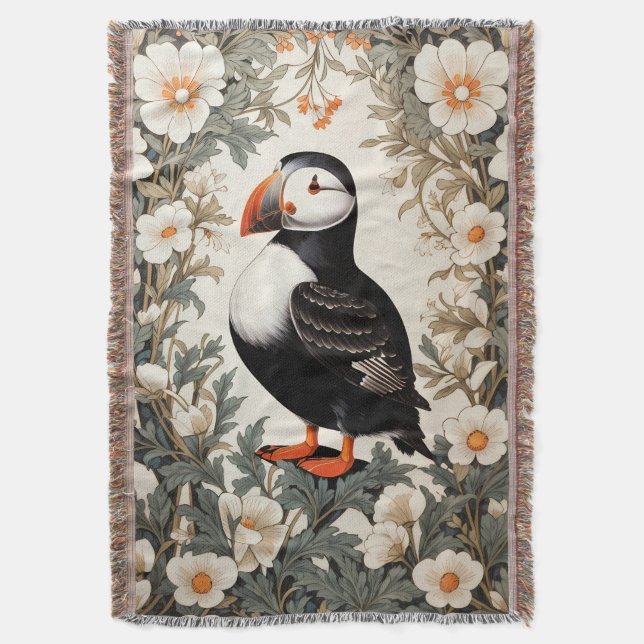 Cobertor Beautiful Atlantic Puffin White Flowers (Frente Vertical)