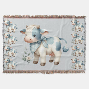 Cobertor Bebê Vaca Xadrez Azul Estética Pastel Fazenda