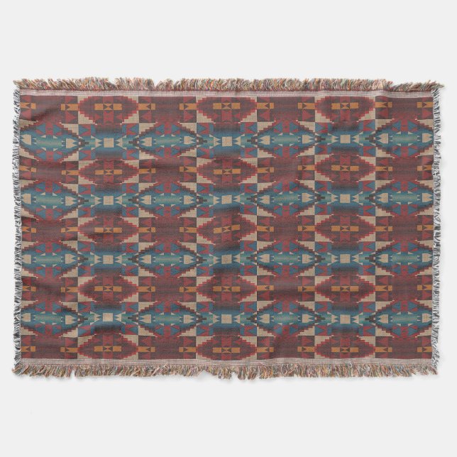 Cobertor Beige Brown Maroon Red Dark Teal Blue Arte Tribal (Frente)