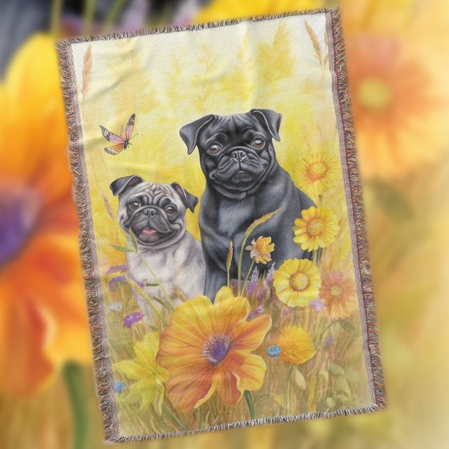Cobertor Black Pug Fawn Field Amarelo Flores Selvagens Amar (Criador carregado)