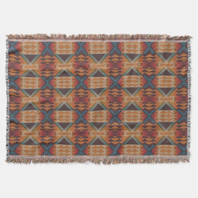 Cobertor Blue Teal Dark Beige Orange Red Tribal Art (Frente)