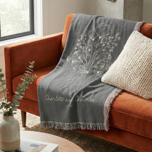 Cobertor Boho Flower Line Art Drawing Monogrammed Wedding  (Criador carregado)