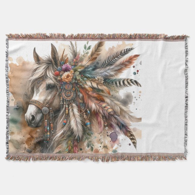 Cobertor Boho Horse with feathers (Frente)