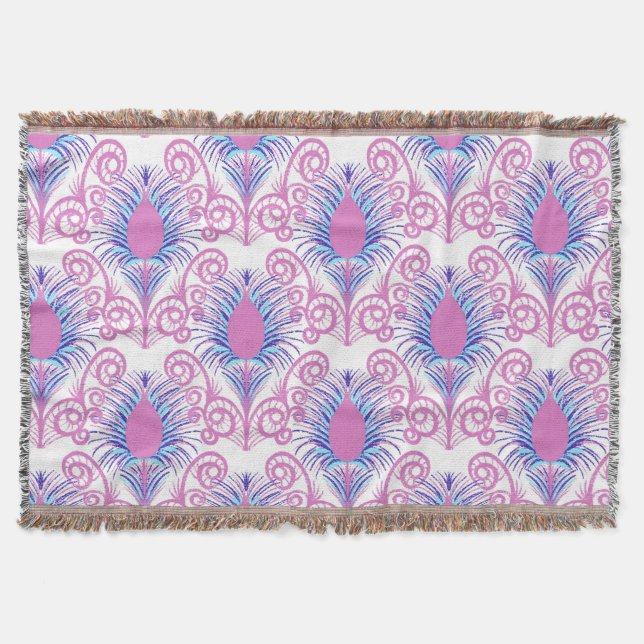 Cobertor Boho Peacock Feather Jewel Tone-Neon Pink (Frente)
