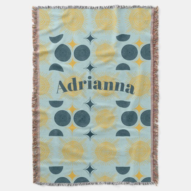 Cobertor Boho Sun Moon Stars Baby Blue Yellow Personalizado (Frente Vertical)