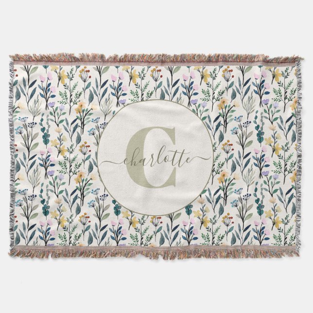 Cobertor Boho Watercolor Wildflowers Pattern Monogram Name  (Frente)