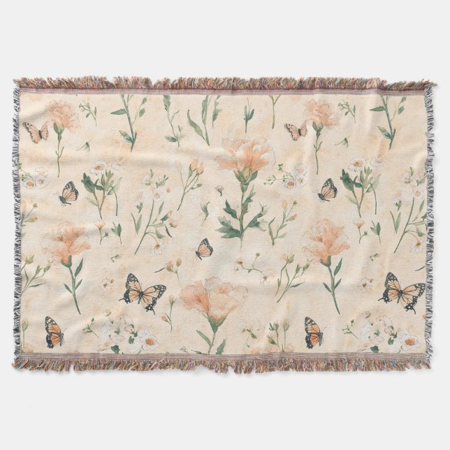 Cobertor Borboletas de Pêssego Floral (Frente)
