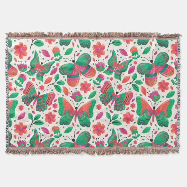 Cobertor Borboletas Elegantes Flores Folhas Para Decoração (Frente)
