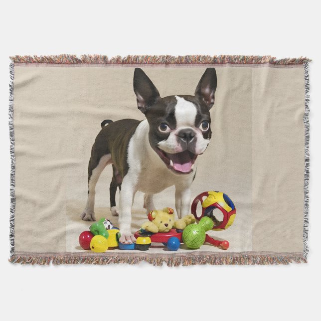 Cobertor Boston Terrier Dog Brincando com Brinquedos (Frente)