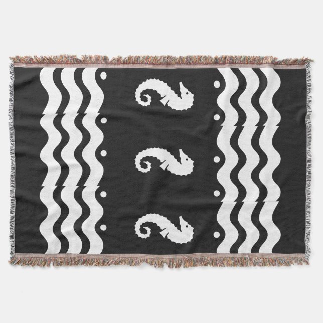 Cobertor BRANCO no cavalo marinho preto estilo costeiro (Frente)