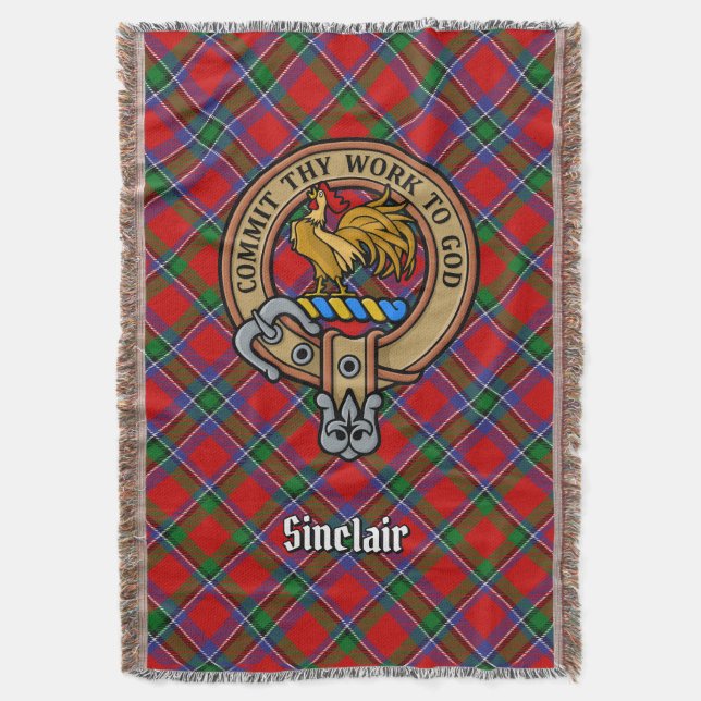 Cobertor Brasão do Clã Sinclair sobre Tartan Vermelho (Frente Vertical)