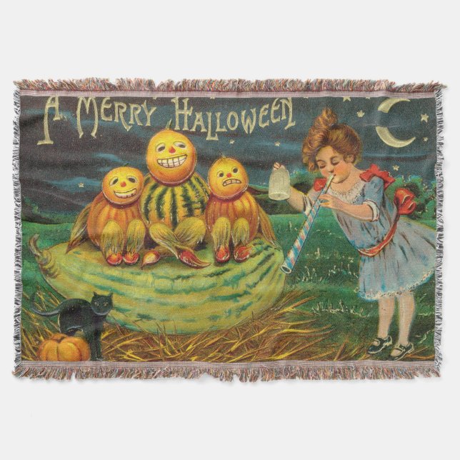 Cobertor Bruxa Fofa do Halloween Mágico de Abóbora (Frente)