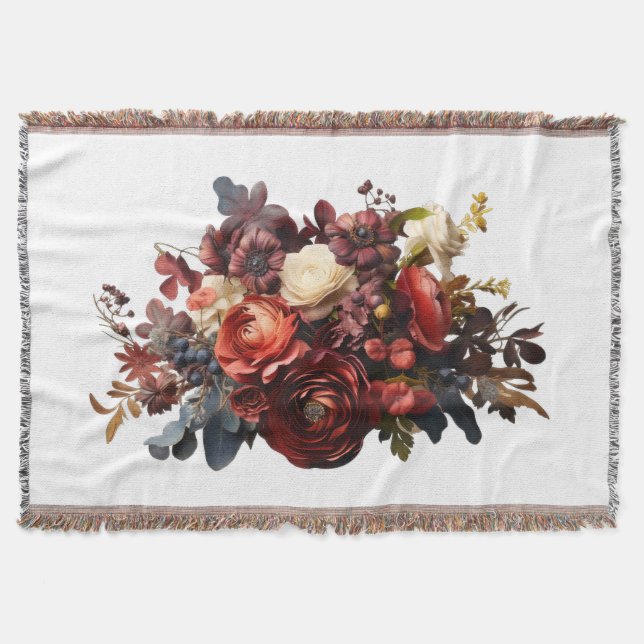 Cobertor Burgundy Marrom Coral Branco Floral Temperamental (Frente)