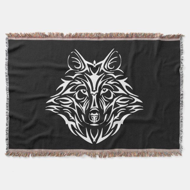 Cobertor Cabeça de Lobo Branco em Preto (Frente)