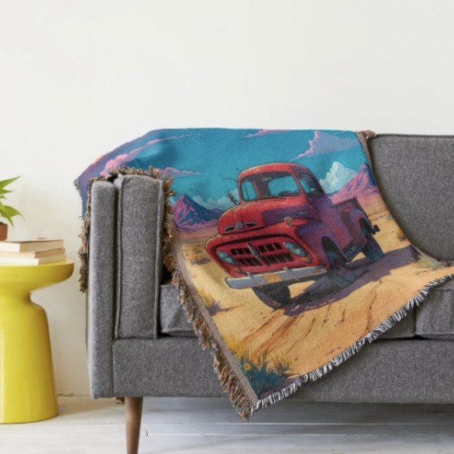 Cobertor Caminhonete clássica americana (Retro Red Pickup Truck Desert Moon blanket - soft and colourful available  in 3 different sizes. )