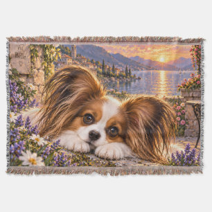 Cobertor Cão Papillon em Jardim de Flores Mediterrâneo ao S