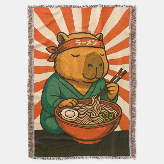 Cobertor Capivara Zen Comendo Ramen com Listras Radiantes (Frente Vertical)