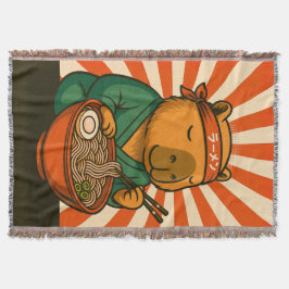 Cobertor Capivara Zen Comendo Ramen com Listras Radiantes