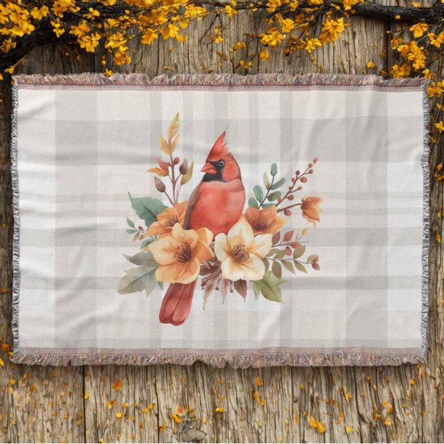 Cobertor Cardinho de Aquarela com Flores de Queda e Xadrez (Cardinal floral plaid throw blanket)