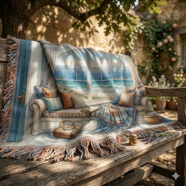 Cobertor Casa Aconchegante com Banco de Janela à Beira-Mar  (Cozy Coastal Window Seat Cottagecore Throw Blanket)