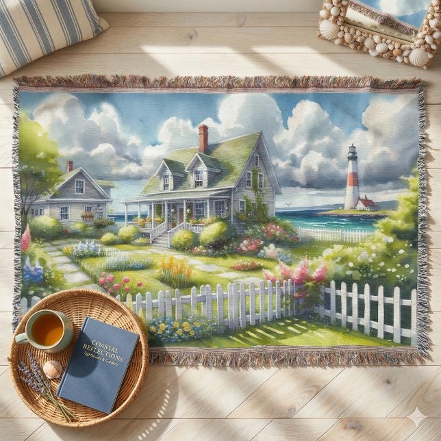 Cobertor Casa com Vista para o Farol (Cottage With View Of The Lighthouse Throw Blanket On Wood Floor)