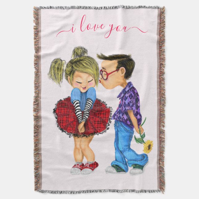 Cobertor Casal Romântico Fofo - Amor - Eu Te Amo - Beijo (Frente Vertical)