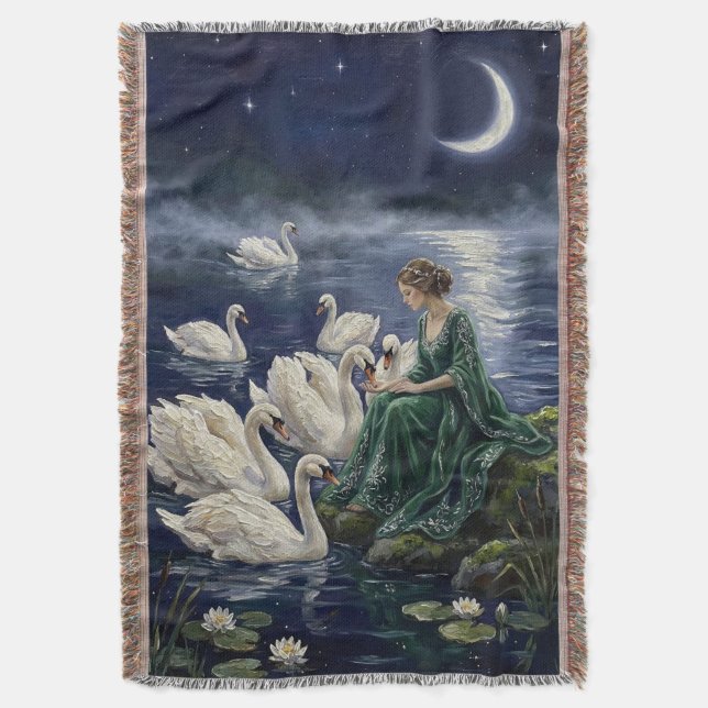 Cobertor Celtic Swans Moonlit Lake Night Fantasy Art (Frente Vertical)