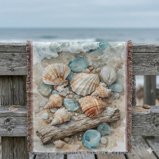 Cobertor Cena em aquarela de conchas marinhas costeiras em  (Coastal Seashell Watercolor Driftwood Scene Throw Blanket On Balcony Rail)