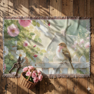 Cobertor Cena em Aquarela de Pássaro com Rosa de Jardim