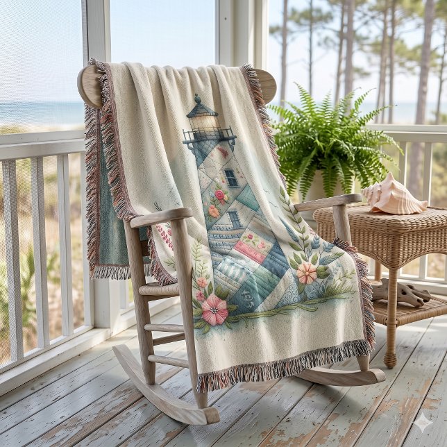 Cobertor Cena Floral do Farol Patchwork Costeiro (Patchwork Lighthouse Coastal Floral Scene Throw Blanket)