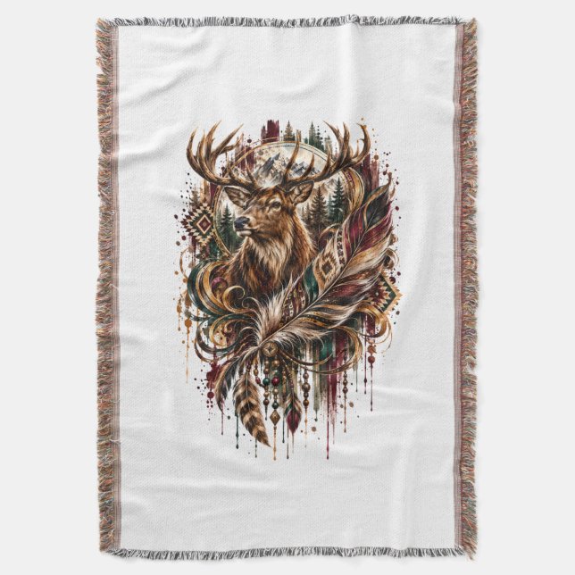 Cobertor Cervo Tribal Boho, Sonhando com Cervo (Frente Vertical)