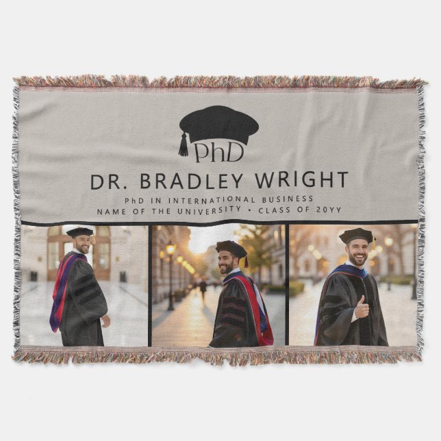 Cobertor Chapéu de Graduação de Doutorado Personalizado PhD (Frente)