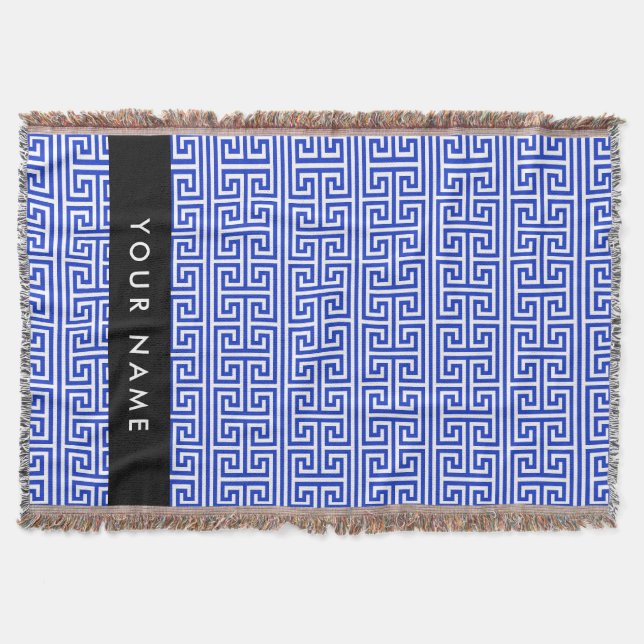 Cobertor Chave Grega Meander H Blue, Seu Nome Personalizar (Frente)