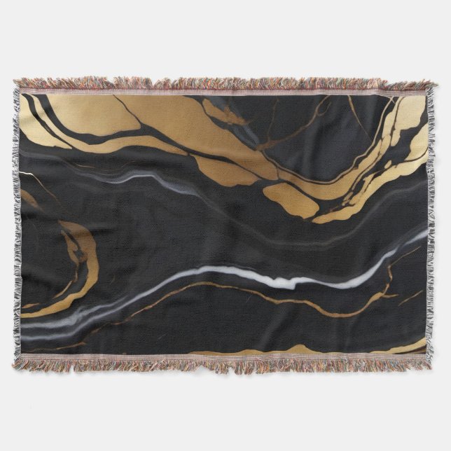 Cobertor Chic Elegante negro ouro amarelo Faux Marble (Frente)