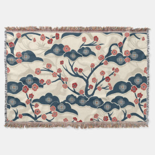 Cobertor Chiyogami Japonês Ume Coral Vermelho Índigo Creme