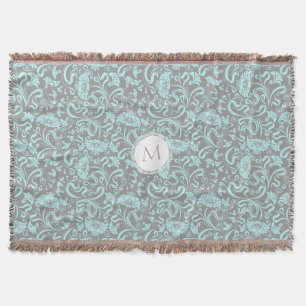 Cobertor Cinza Azul Vintage Padrão Floral Monograma