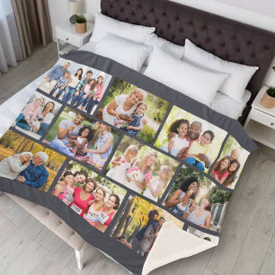Cobertor Cinza Sherpa de Colagem de Fotos em Grid