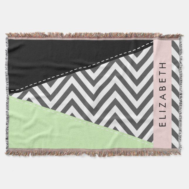 Cobertor Cinza Zigzag, Cinza Chevron, Mint, Seu Nome (Frente)