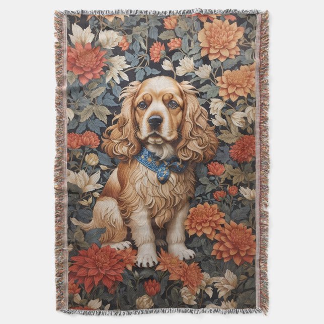 Cobertor Cocker Spaniel William Morris Inspirou Floral (Frente Vertical)