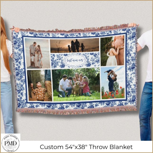 Cobertor Colagem de Fotografias Melhor Mãe Alguma Vez Vinta (Photo Collage Best Mom Ever Vintage Blue Toile Throw Blanket with Six Photos, Optional Name Initial.)