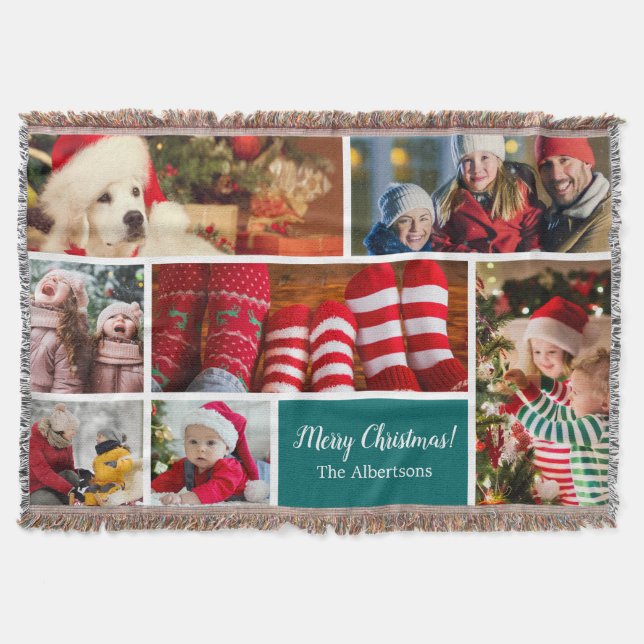 Cobertor Colagem de Fotos Natal 7 com Nome da Família, Azul (Frente)