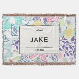 Cobertor Colorful Birds Welcome Name Date Newborn