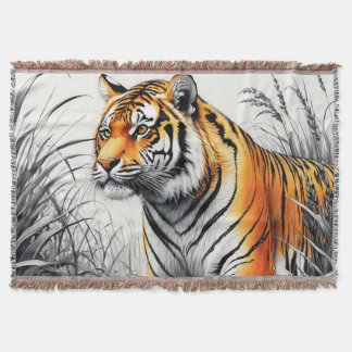 Cobertor Cor de Arte Tigre Desenho Branco Parcial Preto