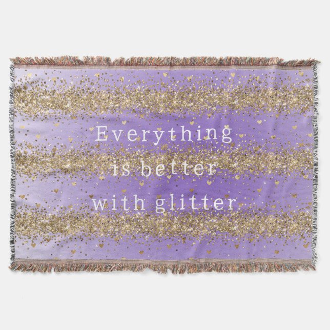 Cobertor Corações de Ouro Brilham Citação de Glitter Roxo (Frente)