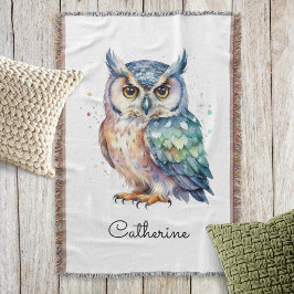Cobertor Coruja de Chifre Personalizada em Aquarela Moderna