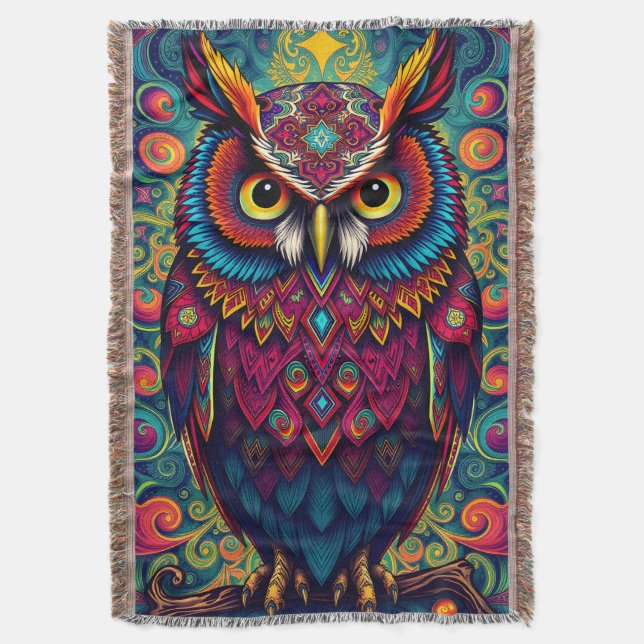 Cobertor 🌈 Coruja Psicodélica Confortável – Arte Boho de A (Frente Vertical)