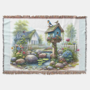 Cobertor Cottagecore Casa de Pássaros Jardim Aquarela
